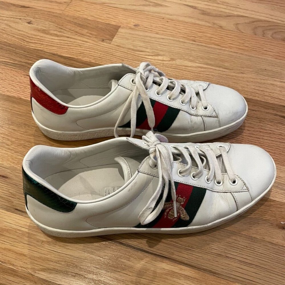 Gucci Ace Embroidered Bee Sneaker White Leather Men's US Size 9.5